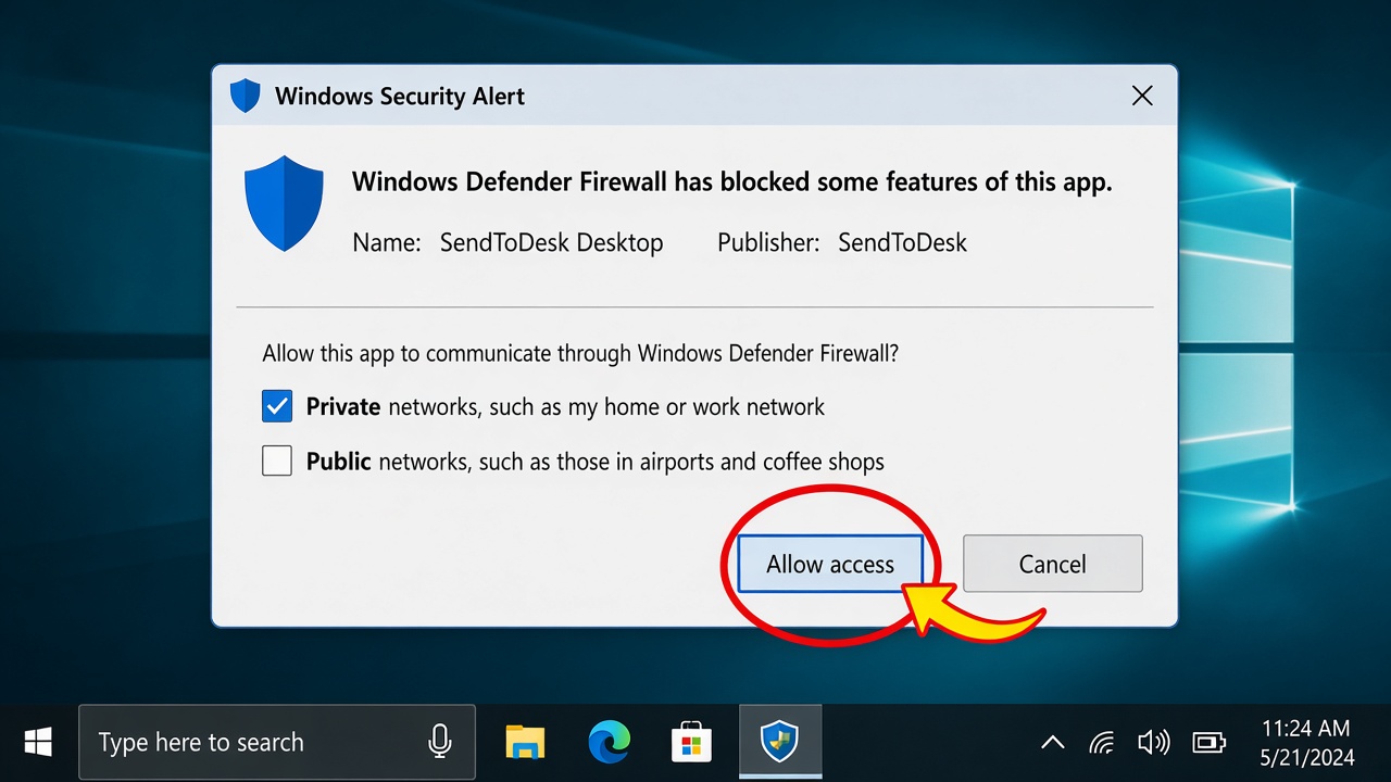 Windows Firewall dialog with Private networks checked and Allow access highlighted