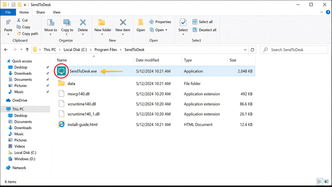 File Explorer showing SendToDesk.exe in the extracted folder