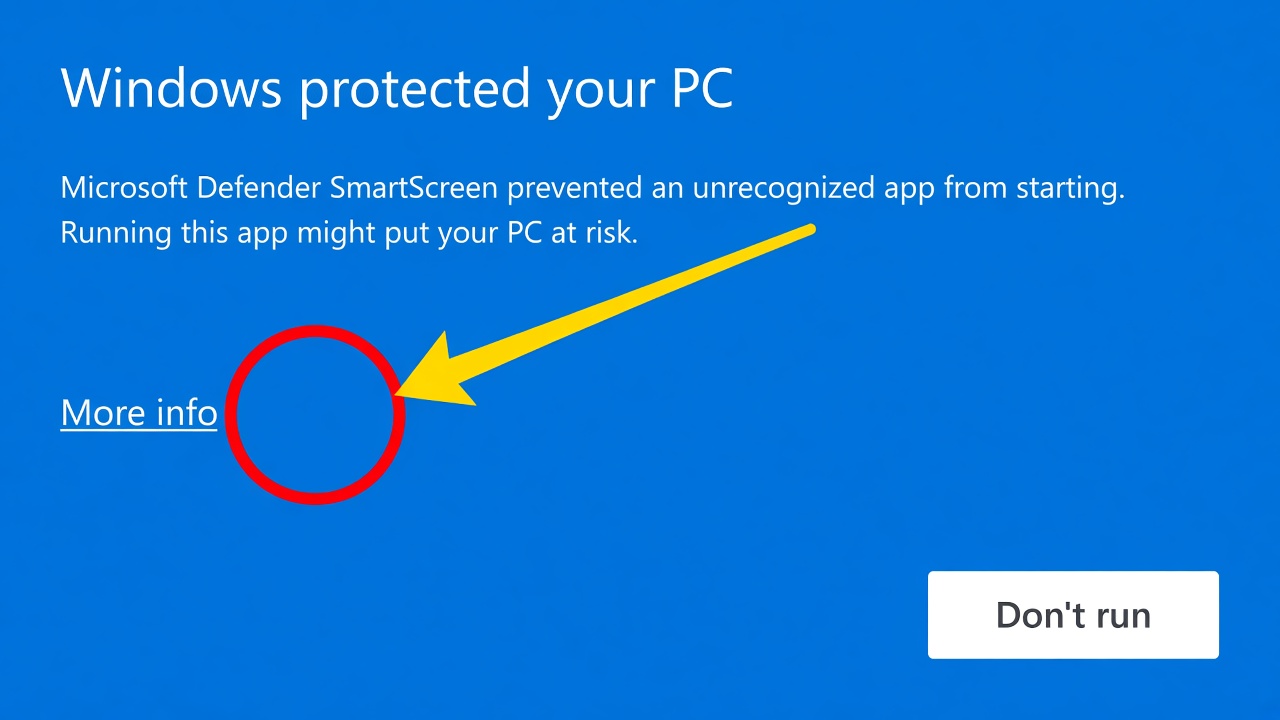 Blue Windows SmartScreen window with More info highlighted