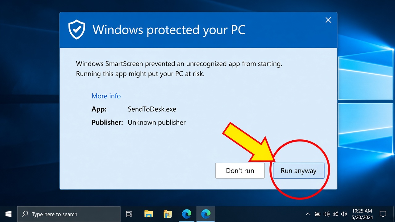 SmartScreen window after More info, with Run anyway highlighted